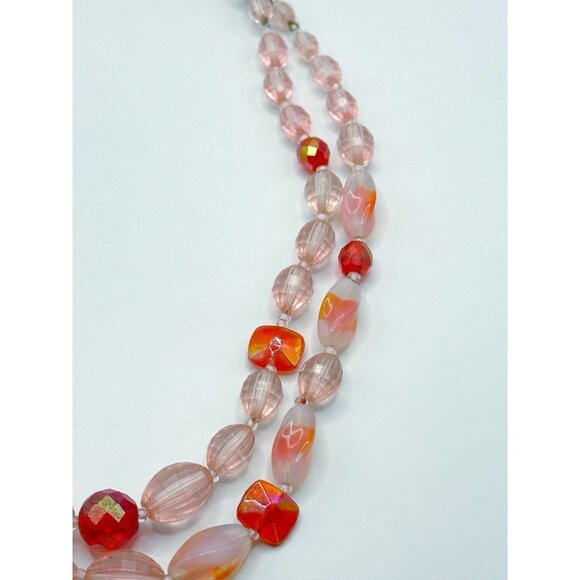 West Germany Pink Red Beaded Glass & Faceted Plastic Double Strand Necklace - Picture 3 of 5